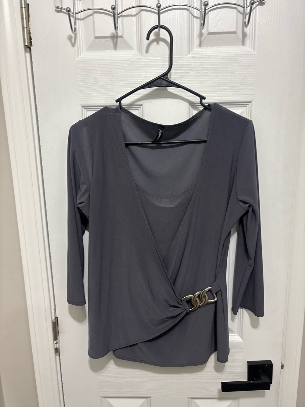 jason maxwell Charcoal Gray Wrap Blouse with Gold Buckle